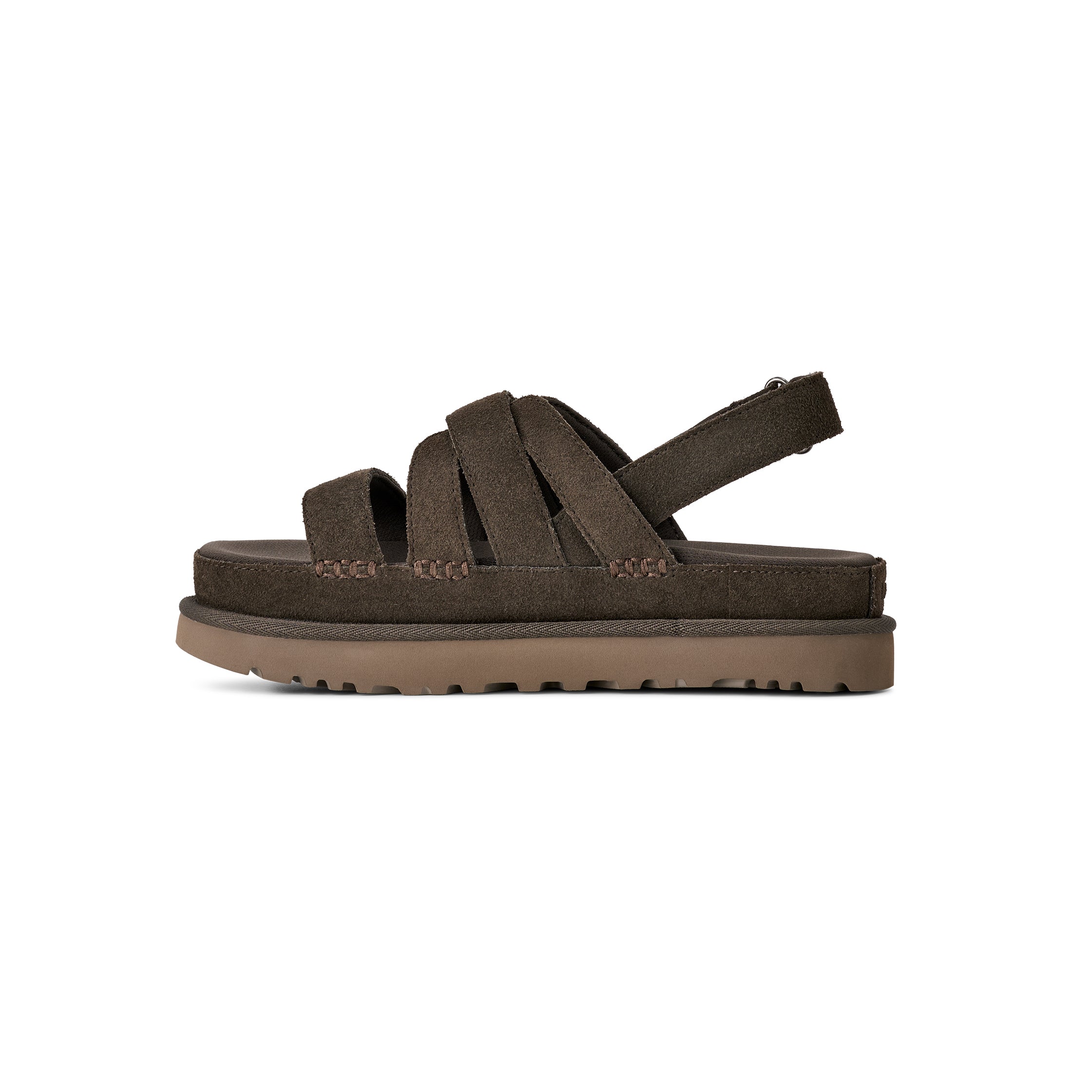 Brown sandal with multiple straps on a white background