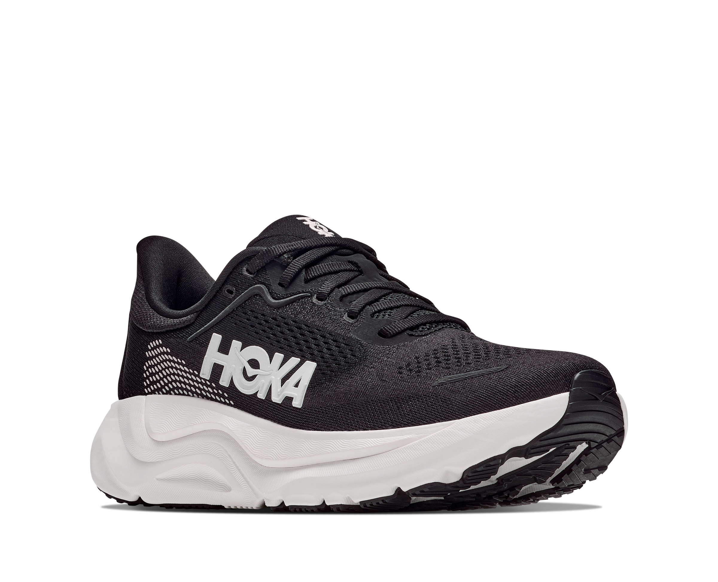 Black Hoka running shoe on a white background