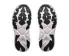 Close-up of the sole of a shoe with black and white tread pattern on a white background