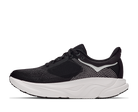 Black running shoe with white sole on a white background