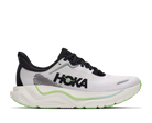 A Hoka running shoe in white and black with neon green accents, shown from the side profile on a white background.
