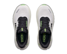 A pair of HOKA running shoes shown from a top-down view, featuring a white mesh upper, black collar and laces, and vibrant neon green accents including the HOKA branding on the tongue and heel.