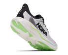 A Hoka running shoe in white, black, and neon green, shown from a three-quarters angle against a plain white background.
