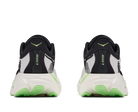 A pair of black and white running shoes shown from the back, featuring bright neon green accents on the midsole and heel, with the model name 'ArAHi 9' printed vertically on the heel counter.