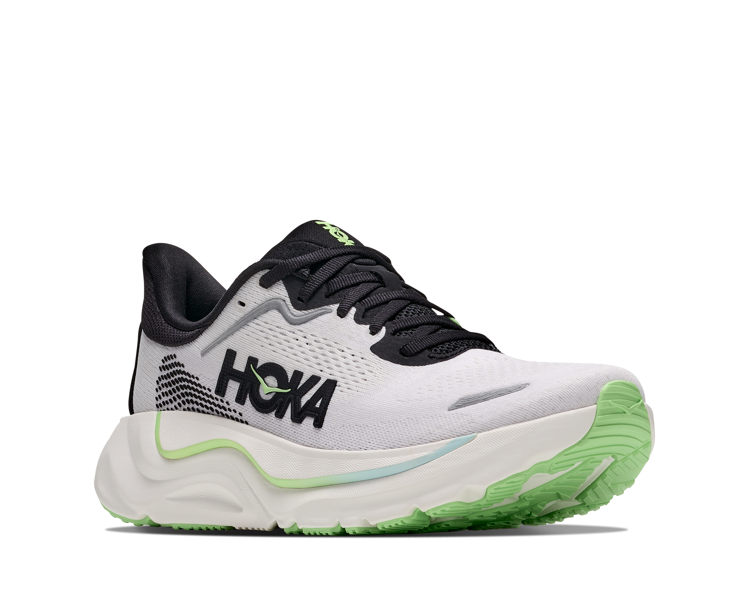 A HOKA running shoe in white, black, and neon green, shown from a lateral side profile view against a plain white background.