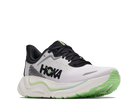 A HOKA running shoe in white, black, and neon green, shown from a lateral side profile view against a plain white background.