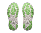 A pair of athletic shoes shown from the sole side, featuring a white and light gray textured tread pattern with bright green accents, isolated on a white background.
