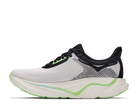 A white and black running shoe with bright green accents, shown in a clean profile view against a solid white background.