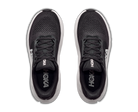 Black running shoes with white soles on a white background
