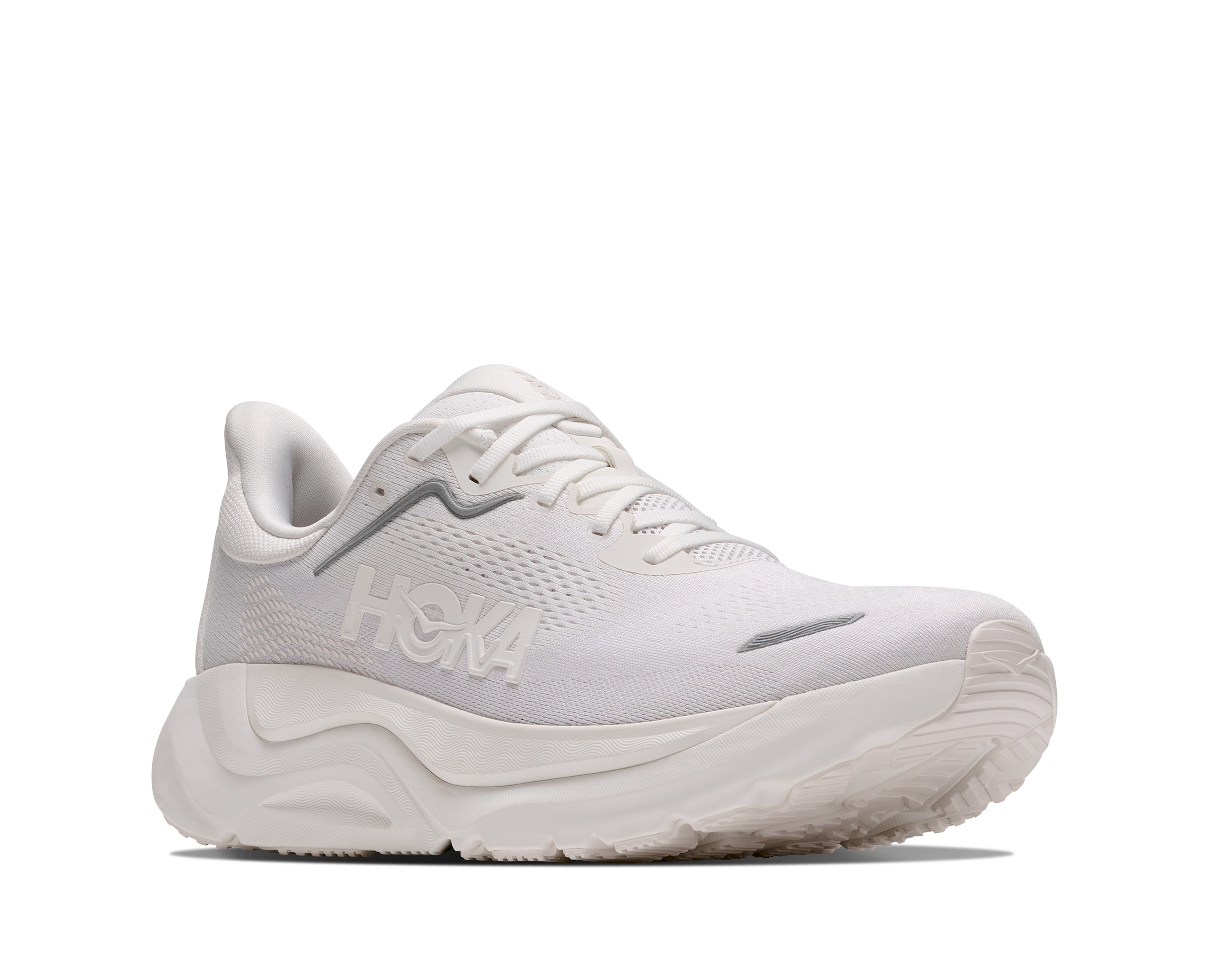 A white Hoka running shoe shown from a side profile view against a solid white background.