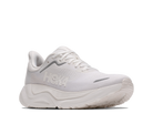 A white Hoka running shoe shown from a side profile view against a solid white background.