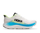White running shoe with blue and green accents on a white background