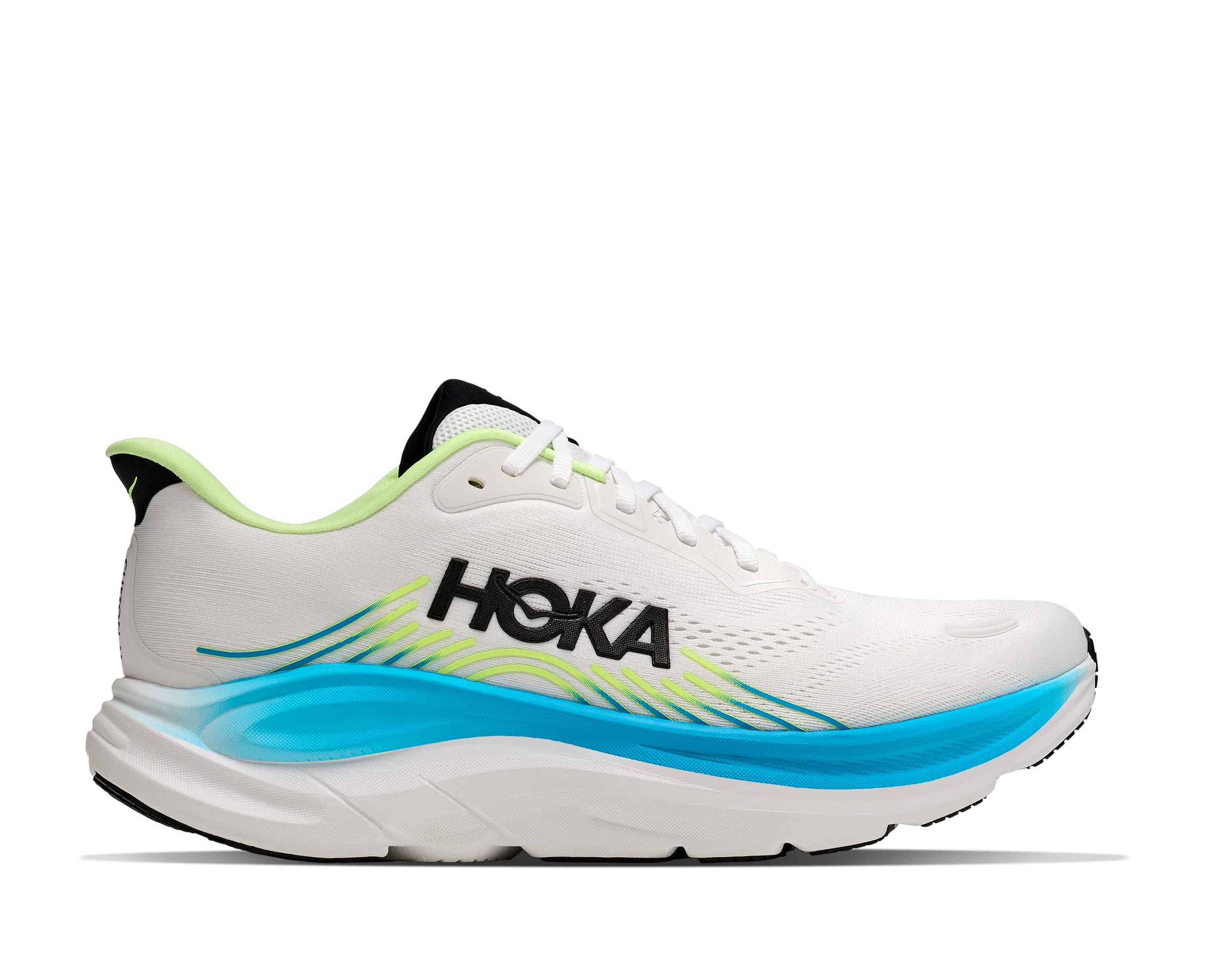 White running shoe with blue and green accents on a white background