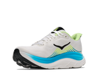 White running shoe with blue sole and green accents on a white background
