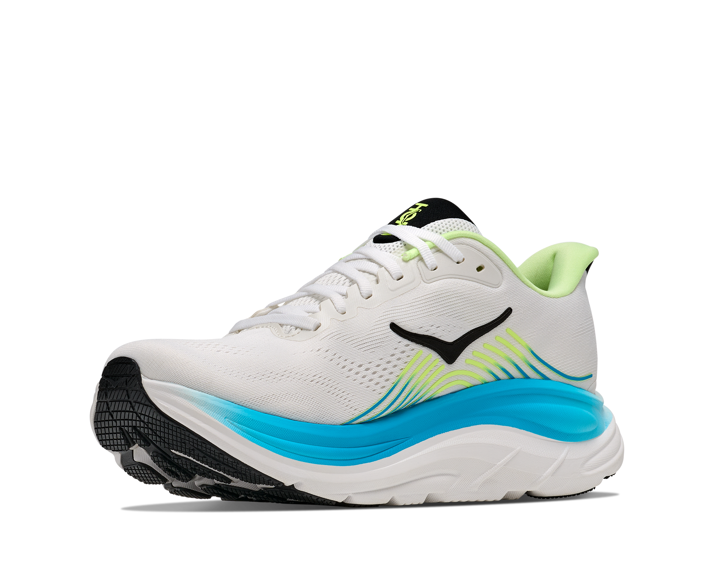 White running shoe with blue sole and green accents on a white background