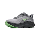 Gray running shoe with green sole on a white background