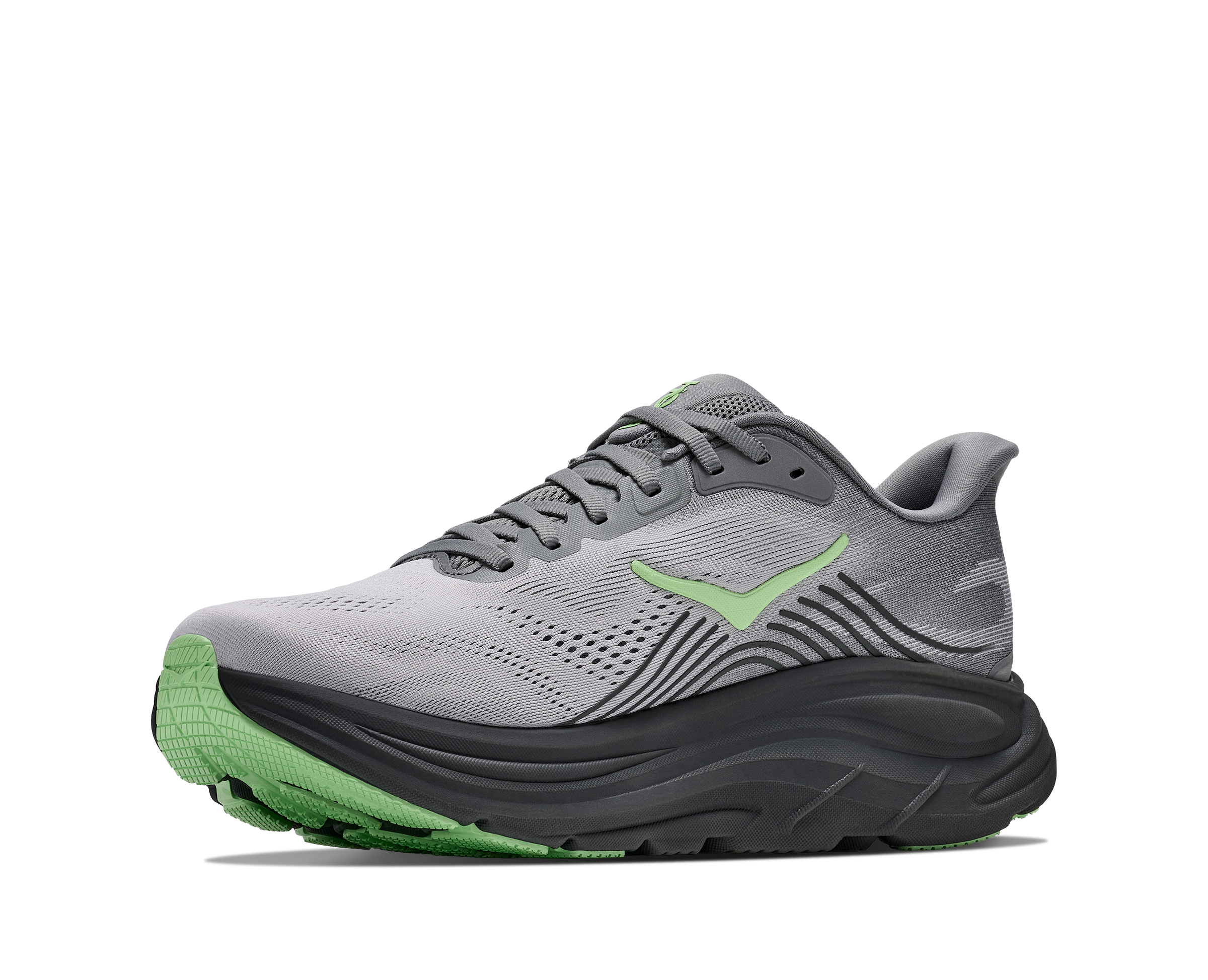 Gray running shoe with green sole on a white background