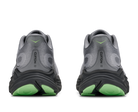 Gray running shoes with green soles on a white background