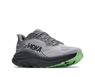 Gray running shoe with green sole on a white background