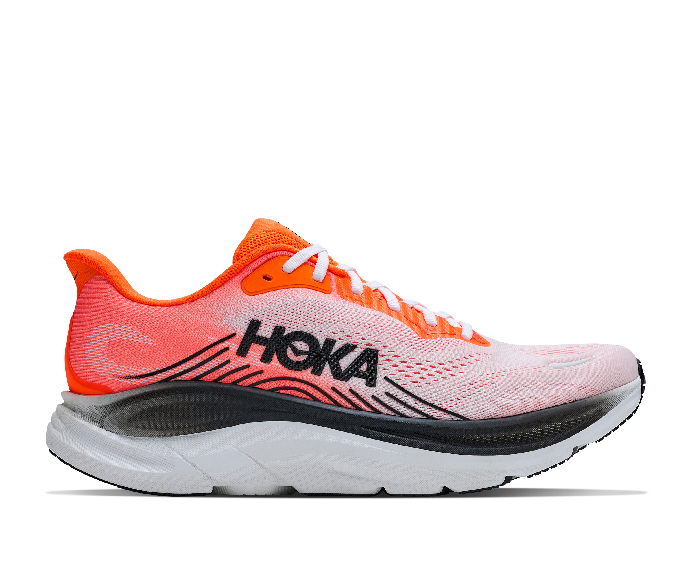 Hoka running shoe with pink and orange design on a white background