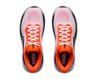 Pair of pink and orange running shoes with 'Hoka' branding on a white background
