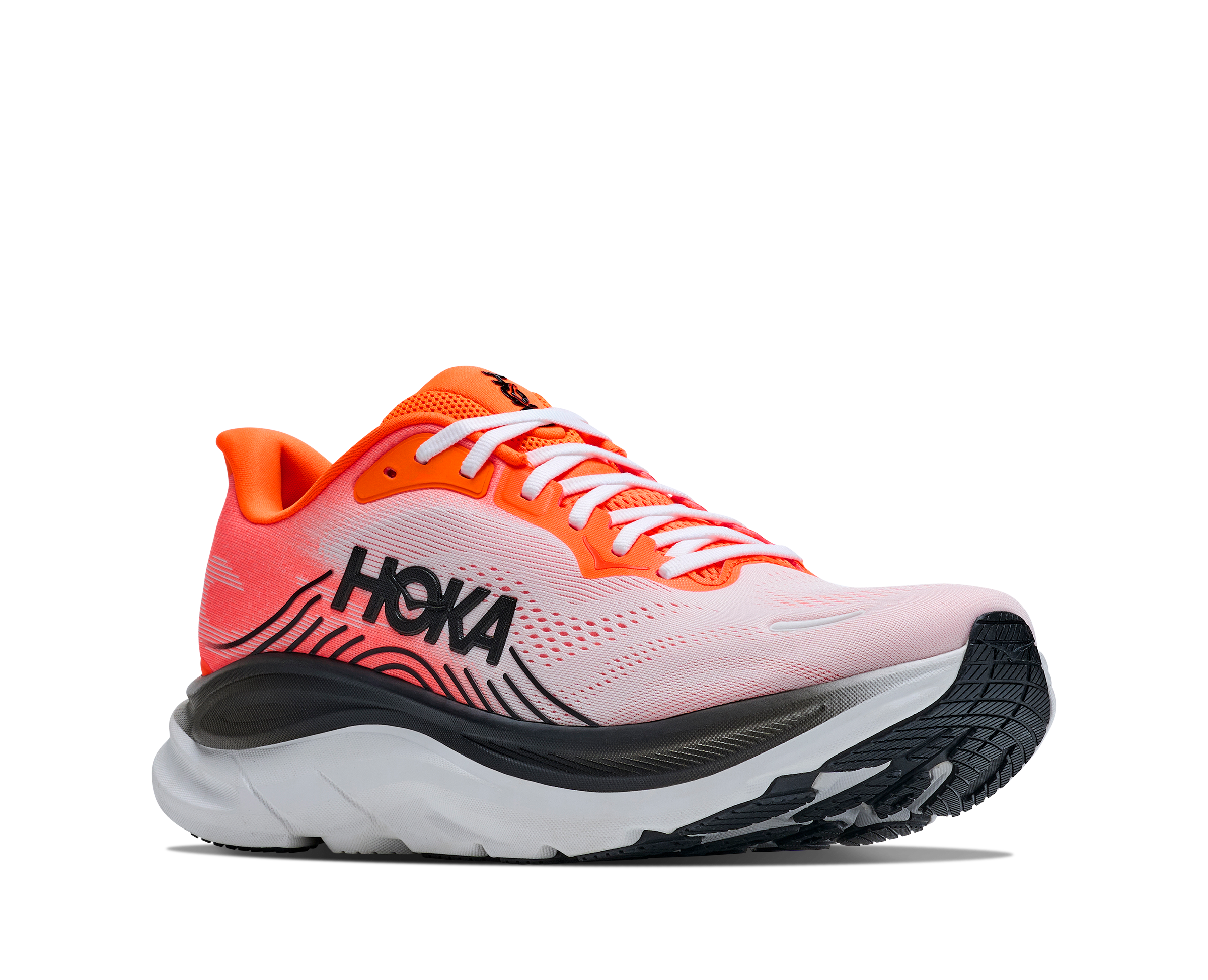 Orange and pink running shoe with 'Hoka' branding on a white background