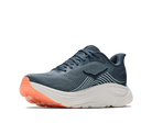 Blue running shoe with orange sole on a white background