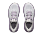 Pair of white and purple running shoes on a white background