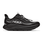 Black Hoka running shoe on a white background