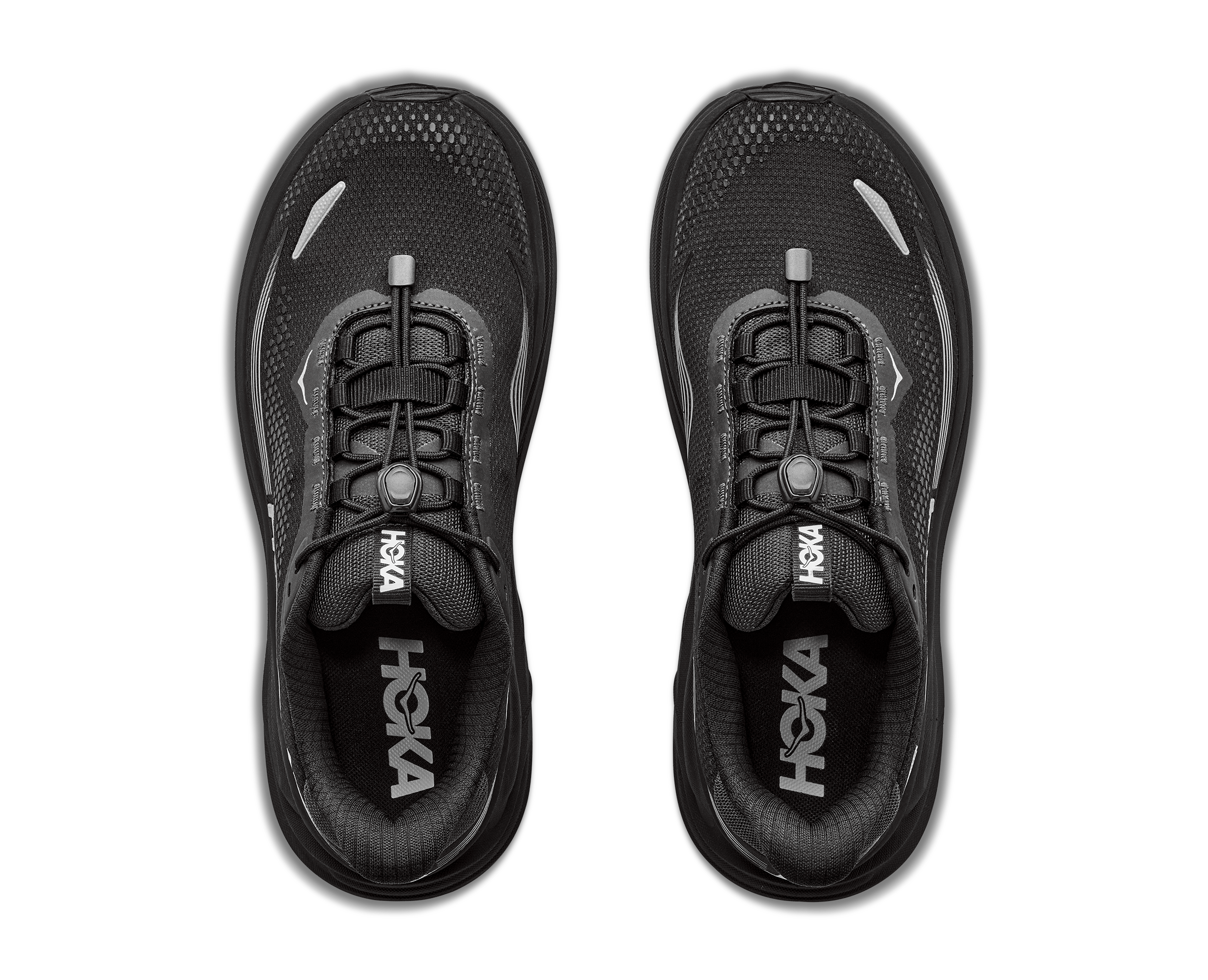 Black Hoka running shoes on a white background