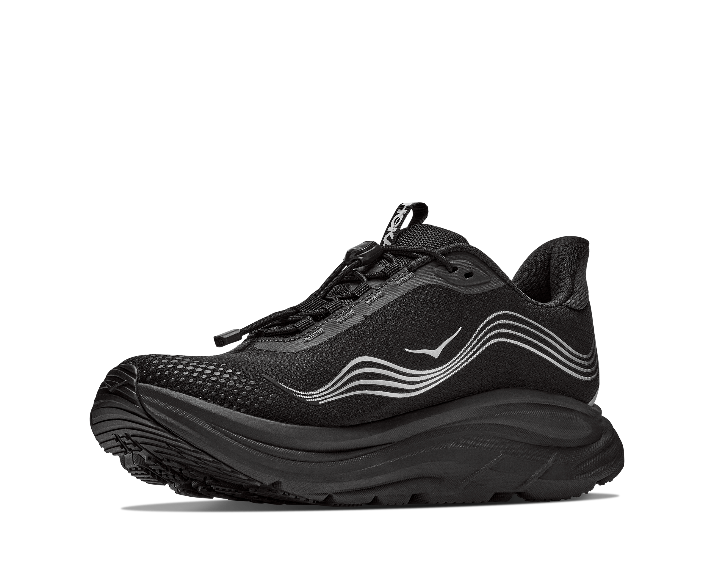 Black running shoe with white accents on a white background