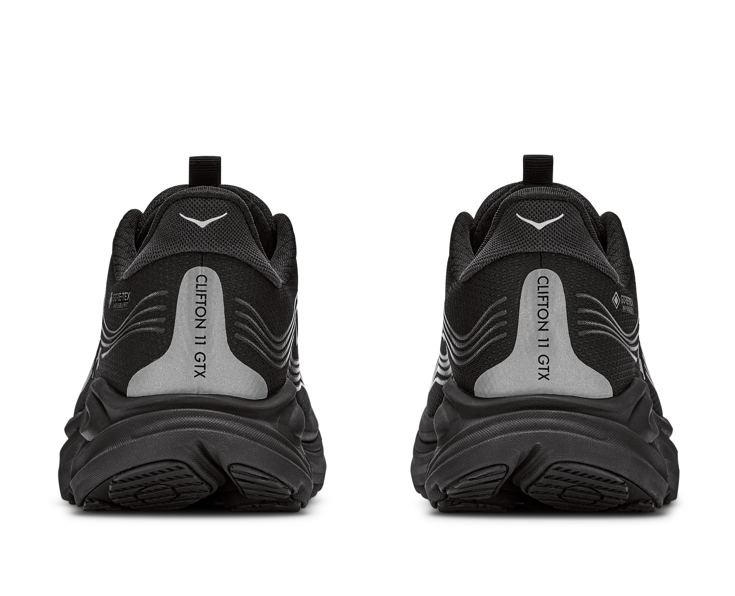 Black hiking shoes with 'Clifton 11 GTX' text on a white background