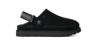 A single black UGG clog shoe shown in profile against a solid white background. The shoe features a black suede upper, a thick black platform sole, and a black adjustable strap with a textured pattern.