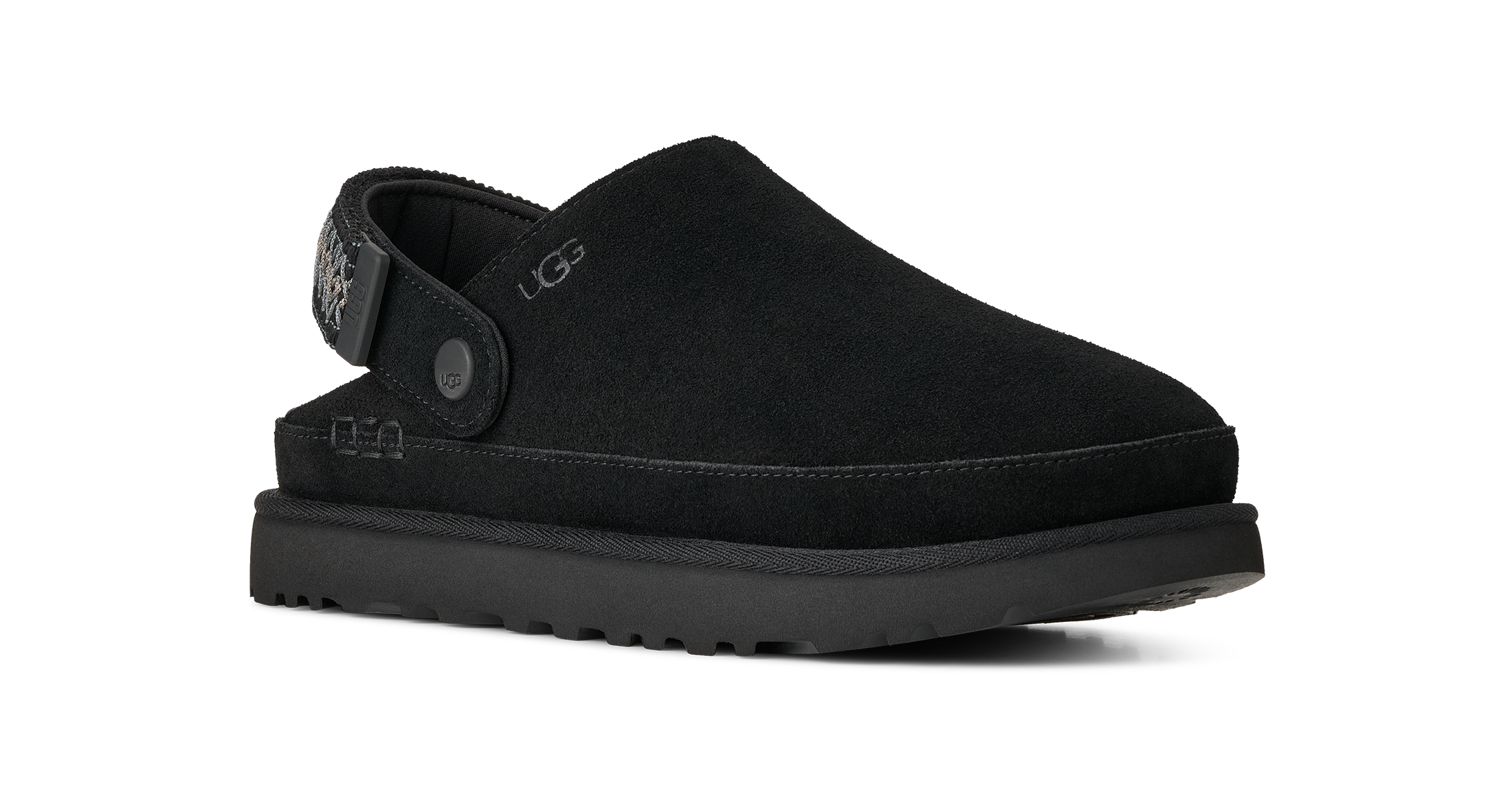 A black UGG slip-on clog shoe with a suede-like upper, a thick black platform sole, and a decorative heel strap with a silver-tone button closure, shown against a plain white background.