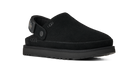 A black UGG slip-on clog shoe with a suede-like upper, a thick black platform sole, and a decorative heel strap with a silver-tone button closure, shown against a plain white background.