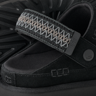 Close-up of a black UGG clog sandal with a textured strap featuring a zigzag pattern in black, white, and beige, and a circular UGG logo on the side.