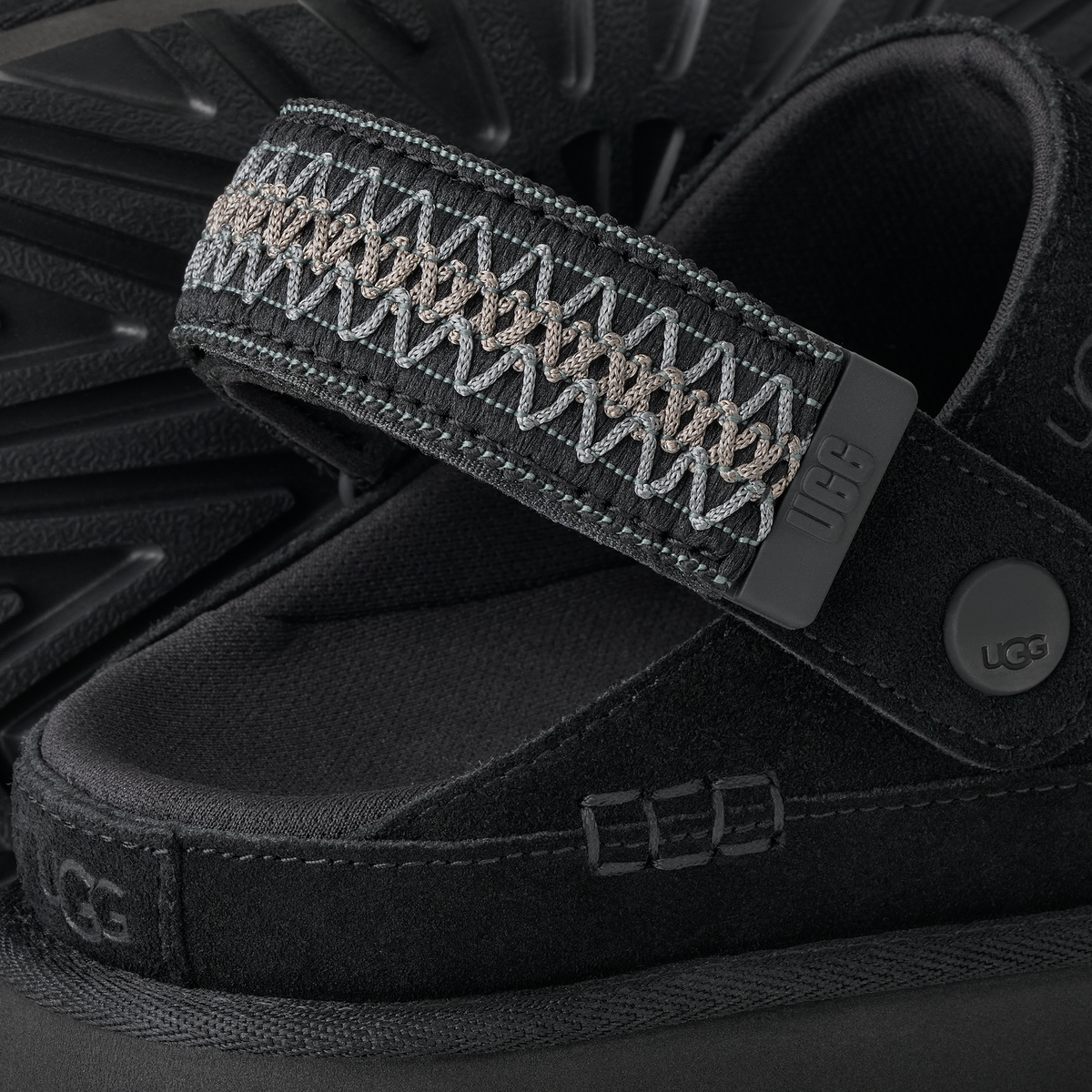 Close-up of a black UGG clog sandal with a textured strap featuring a zigzag pattern in black, white, and beige, and a circular UGG logo on the side.
