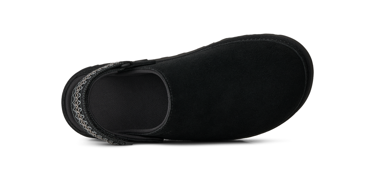 A single black slip-on shoe shown from a top-down view against a plain white background.