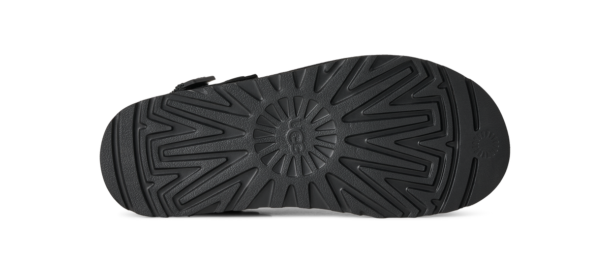 Black shoe sole with tread pattern on a white background