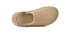 A single tan slip-on shoe shown from a top-down view on a white background, featuring a woven pink and white patterned strap around the back.