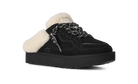A black UGG platform slipper shoe with fluffy white shearling lining and black-and-white patterned laces, shown from a three-quarters angle on a white background.