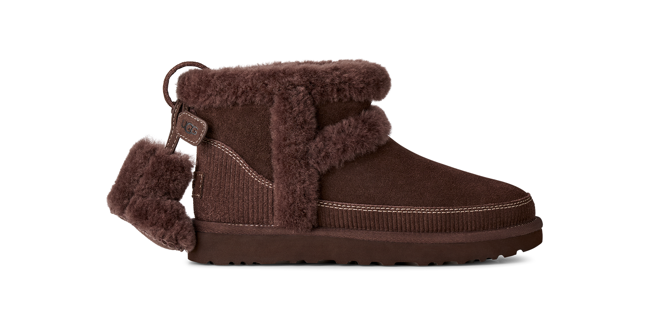 Brown suede boot with fur trim on a white background