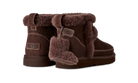 Pair of brown UGG boots with fur trim on a white background