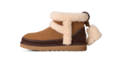 A brown suede and corduroy ankle boot with thick cream shearling lining and a matching pull tab, shown from a side profile on a white background.