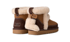 A pair of UGG mini boots featuring a brown suede and corduroy exterior with thick cream shearling lining and a tan sole, shown against a plain white background.