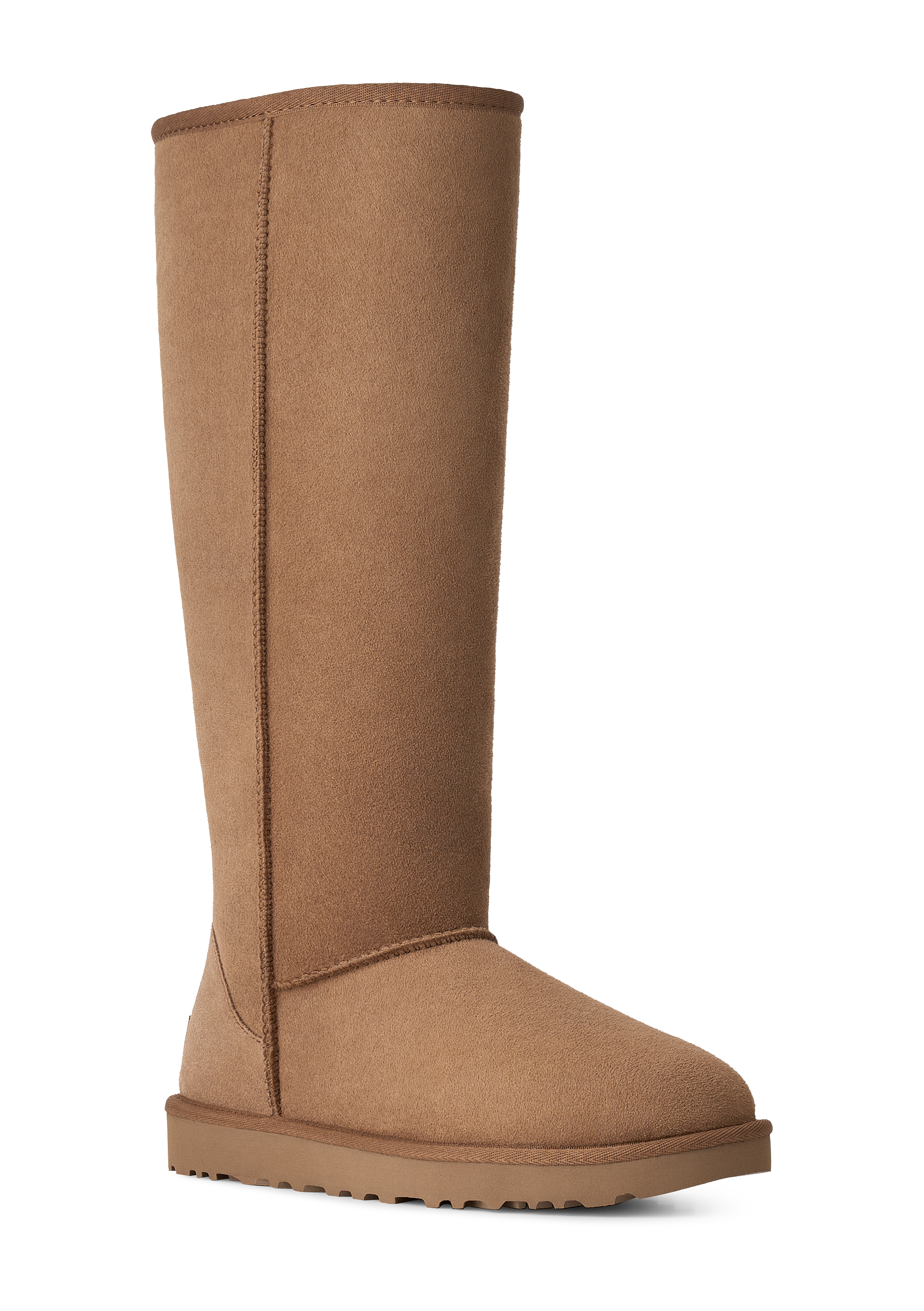 A single tall mid-calf boot in a warm tan-brown suede or shearling-like material, shown in side profile against a plain white background.