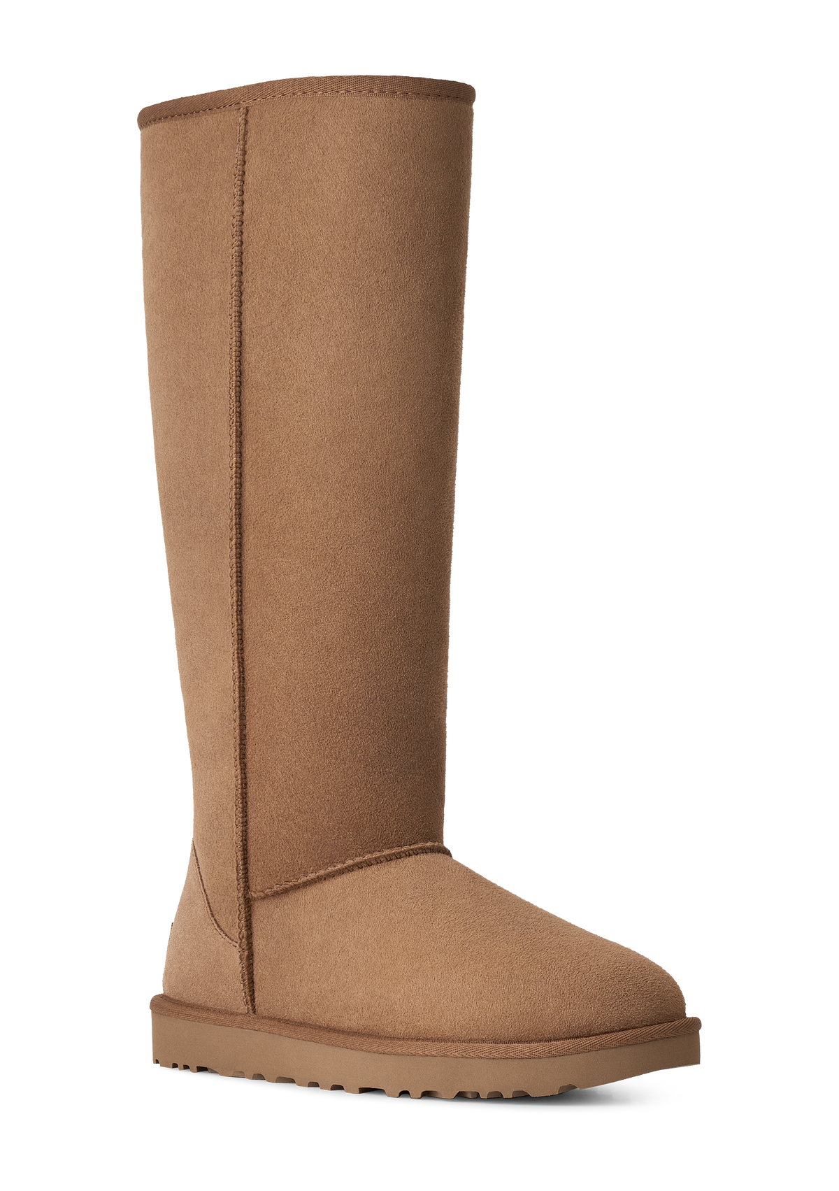 A single tall mid-calf boot in a warm tan-brown suede or shearling-like material, shown in side profile against a plain white background.