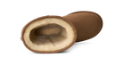 A pair of brown suede slipper boots with a soft cream-colored shearling lining, shown on a clean white background.
