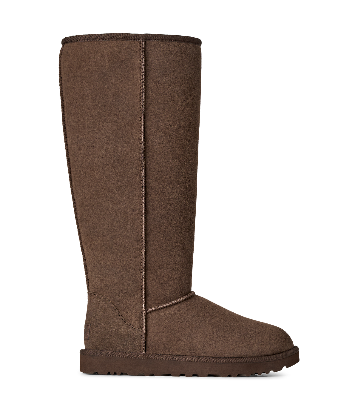 A single mid-calf brown suede boot shown in a side profile view against a solid white background.