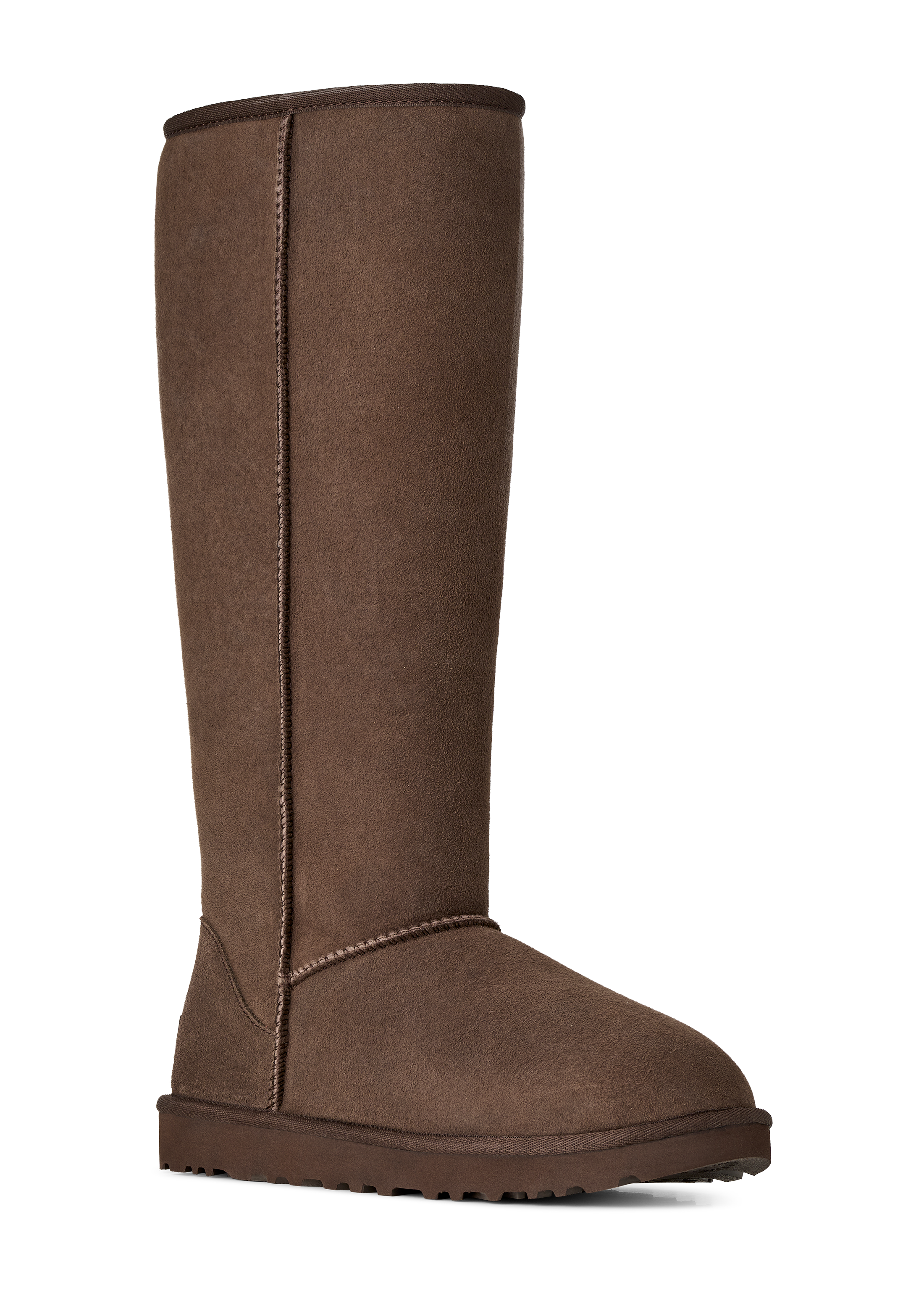 A single mid-calf boot in brown suede, shown from a side profile against a plain white background.